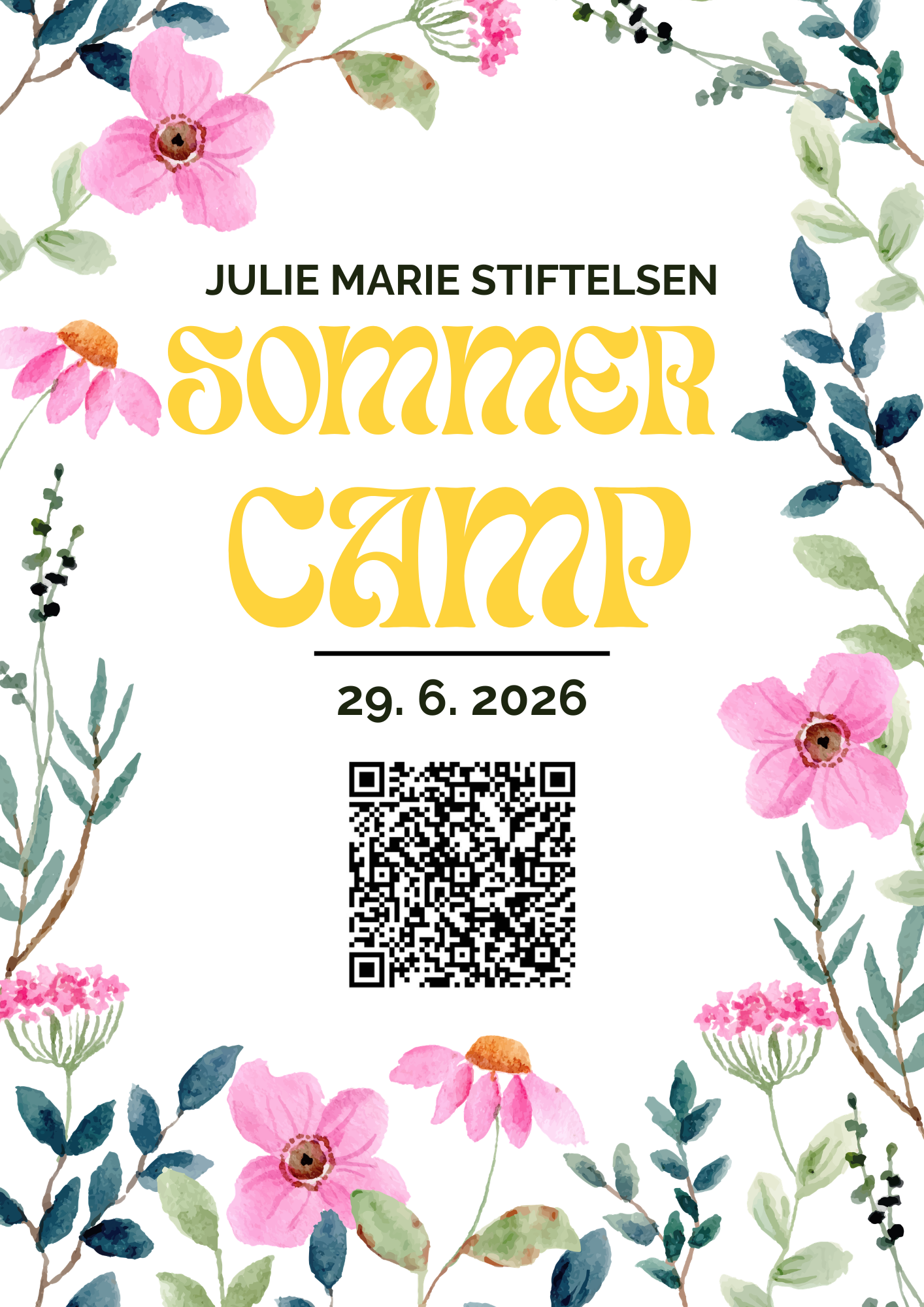 Plakat for Sommercamp 2026 med blomster, datoen 29. 6. 2026 og QR-kode til påmelding