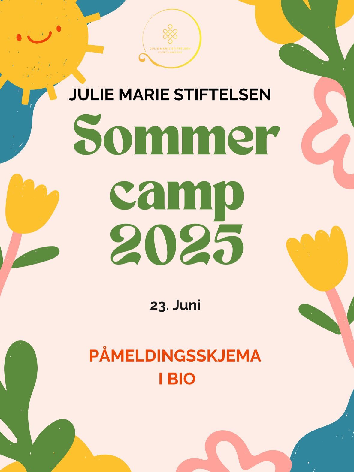 Plakat for Sommercamp 2025 med sol og blomster, 23. juni