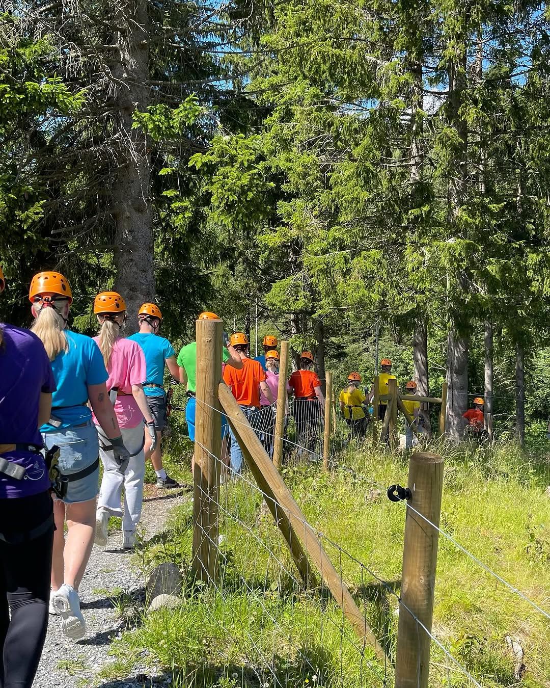 Ungdommer i fargerike t-skjorter og orange klatrehjelmer går på rekke gjennom skogen mot via ferrata